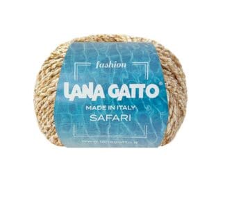 Gomitolo di filato Safari Lana Gatto, con paillettes e texture mouliné nei toni blu e panna, ideale per capi eleganti e luminosi – Filati d’Autore